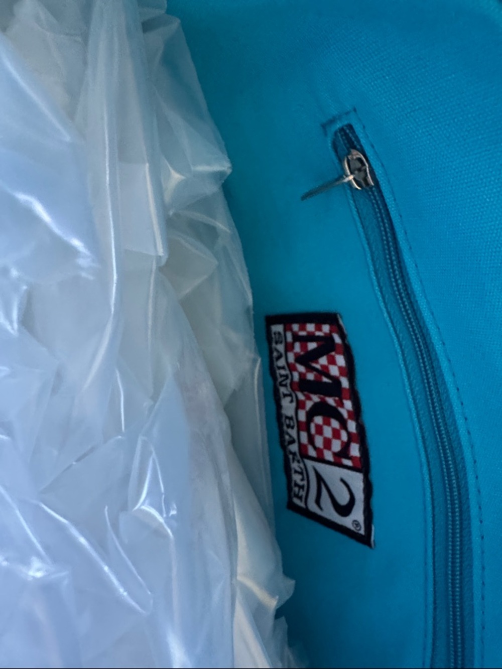 MC2 Saint Barth Turquoise Crochet Granny Square Tote with Pink Script MEDIUM - Picture 4 of 5